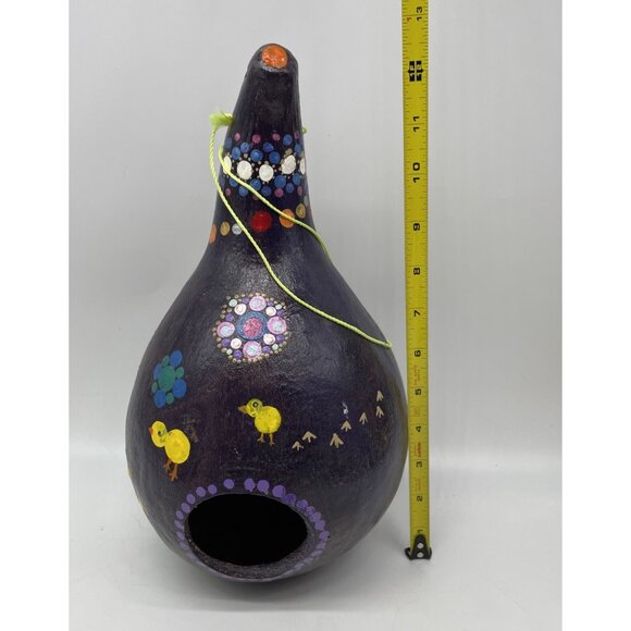 Artisan Gourd Dot Painting Bird House Chicks Purple Hanging Hand Painted Art 12” - Picture 9 of 10